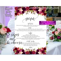 Floral burgundy Wedding Menu card, Purple wedding menu card,(032w)